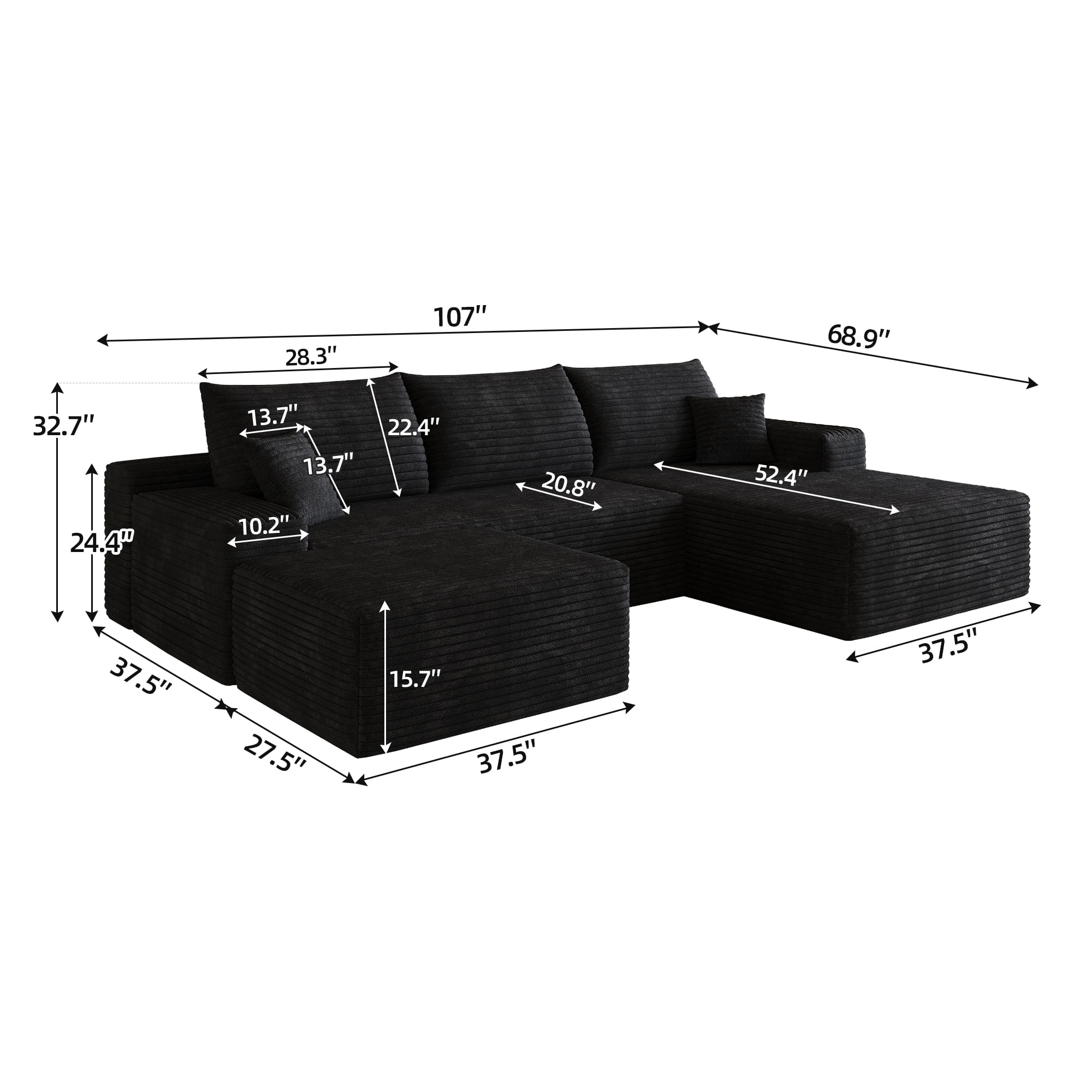 Cloud Sectional Sofa 107 Inch, U-Shaped Modular Couch with Ottoman and Corduroy Fabric, Deep Seat Corner Sofa for Living Room, No Assembly Required, Black