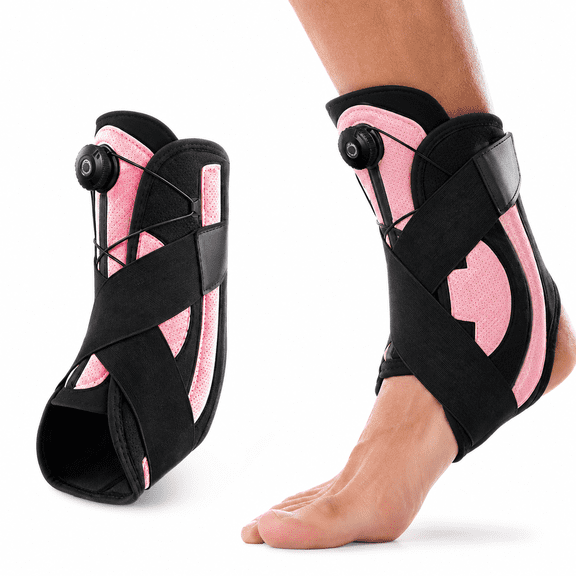 Ankle Support Brace with Adjustable Dial and Cross Straps, Breathable Compression Stabilizer for Men Women, Sports Ankle Support for Walking, Running, Basketball, Black Pink