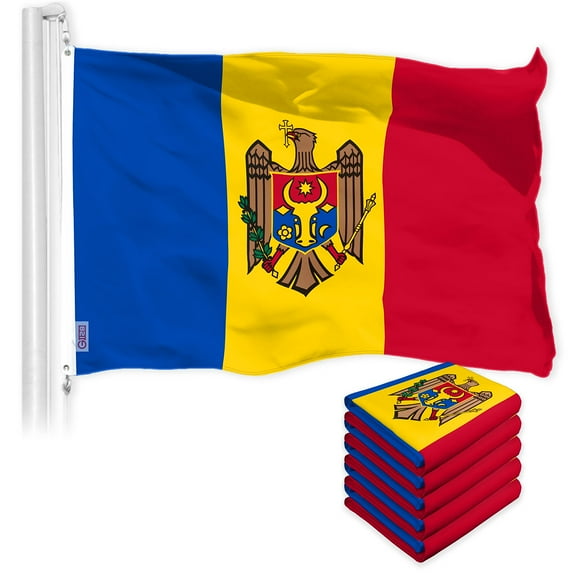 G128 5 Pack: Moldova Moldovan Flag | 3x5 Ft | LiteWeave Pro Series Printed 150D Polyester | Country Flag, Indoor/Outdoor, Vibrant Colors, Brass Grommets, Thicker and More Durable Than 100D 75D Poly