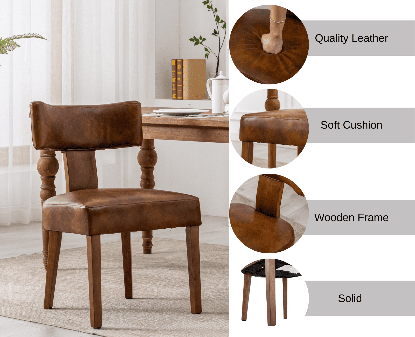 Guyou Dining Chairs Set of 6, Mid-Century Modern PU Upholstered Kitchen Chairs with Curved Backrest, Wooden Side Chairs for Dining Kitchen Living Room Bedroom, Brown
