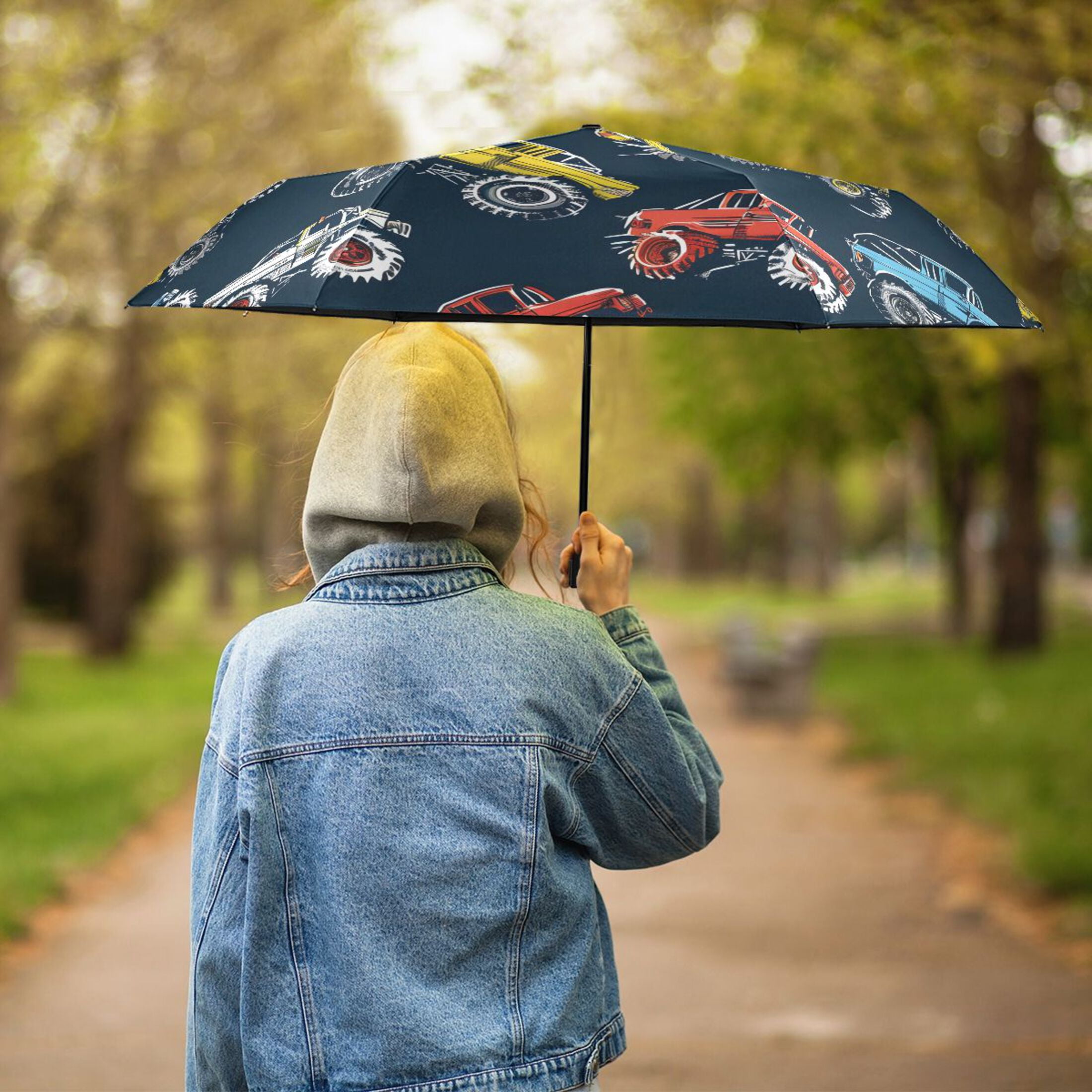 Colorful Monster Trucks Compact Sun Umbrella Windproof Travel Umbrellas for Rain Strong Portable UV Protection