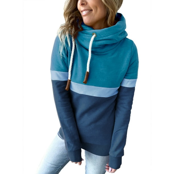 BRILLAR Sudaderas con capucha para mujer, sudadera con capucha de cuello alto con bloques de Color puro, sudadera informal para mujer para otoño invierno, azul lago y azul marino XL