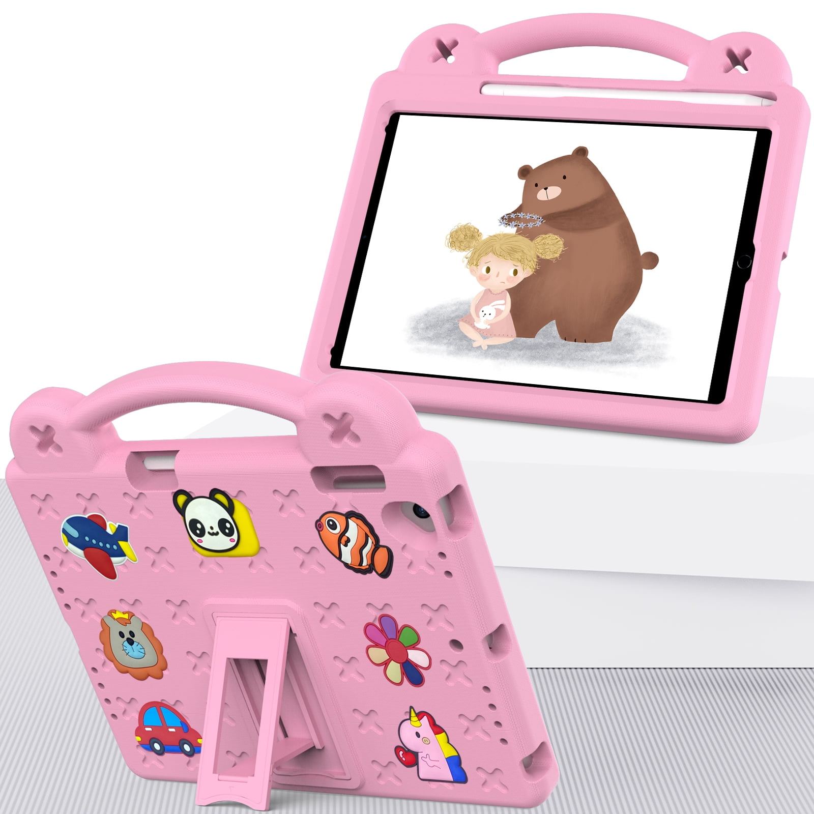 ELEHOLD Kids Case for iPad 6th/5th Gen/Pro (2018/2017/2016) 9.7 inch, EVA Foam Cute Cartoon Case with Built-in Kickstand Pencil Holder Shockproof Portable Case for iPad 9.7"/iPad Air/Air 2,Pink