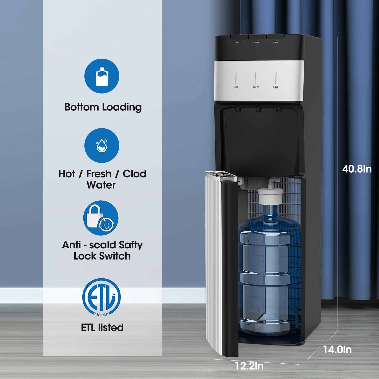 VECYS Self-cleaning Bottom Loading Water Dispenser, Hot Cold Room Temp with Child Lock