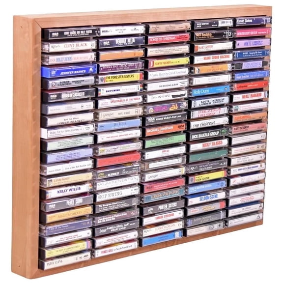 Kingdom 100-Slot Cherry Wood Cassette Tape Storage Rack – Solid Wood Media Organizer for VHS, Cassette Holder, Card Decks & Stamp Pads