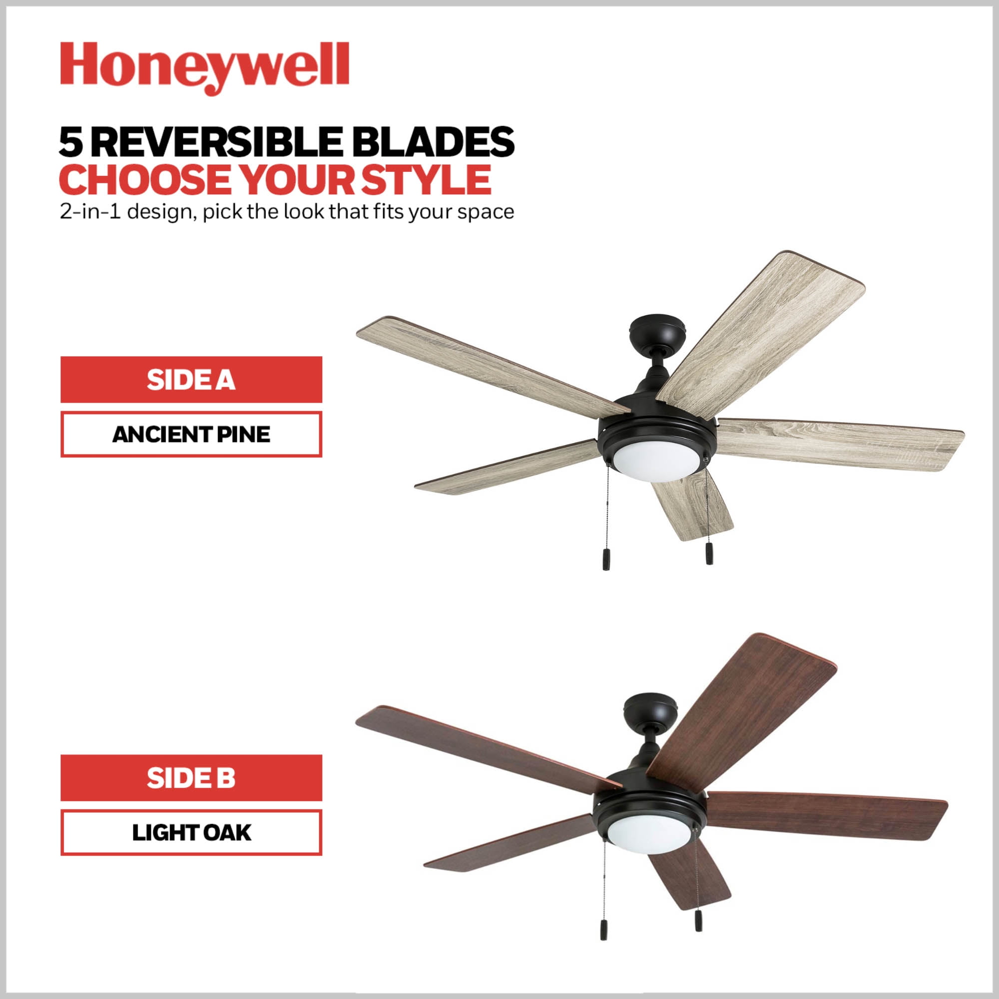 Honeywell Ventnor 52" Modern Bronze Ceiling Fan with Light, 5 Blades, Remote & Reverse Airflow
