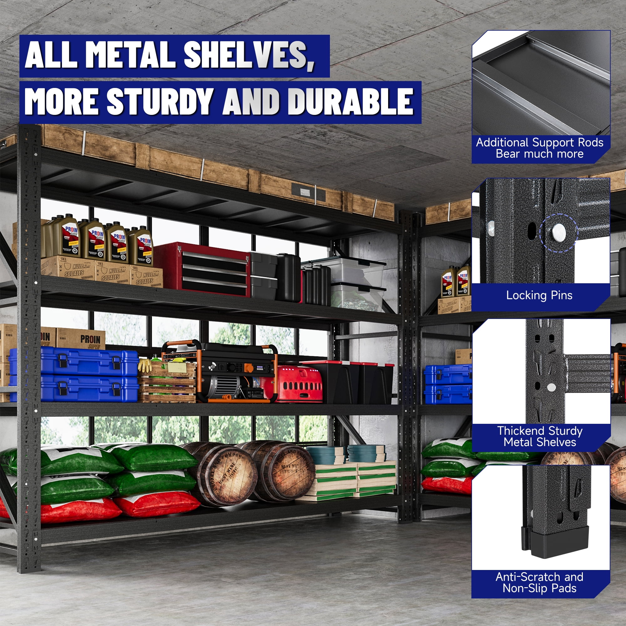 AUHUP 4-Tier Garage Storage Shelves 7000LBS Heavy Duty Metal Shelving 79" W Shelving Unit for Warehouse,Basement Industrial,Commercial Utility Rack Shelf, Black, 79"H x 79"W x 24"D