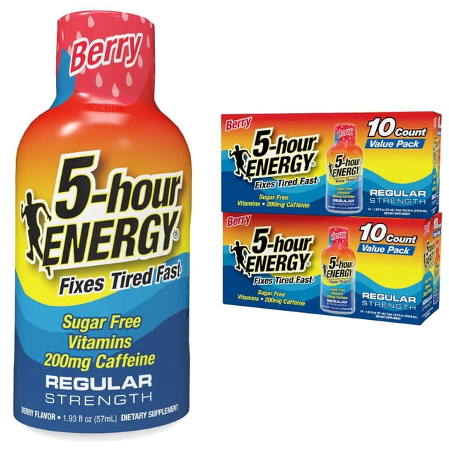 Energy Shot, 5 horas, Energy Regular Strength Berry, 57 ml, paquete de 20