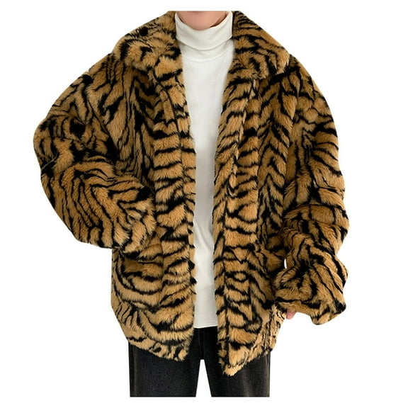 Christmas Clearance! ZVNAΖH Men's Faux Fur Coat Winter Warm Lapel Overcoat Zip Front Luxury Fluffy Outwear Leopard Print Coat with Pockets