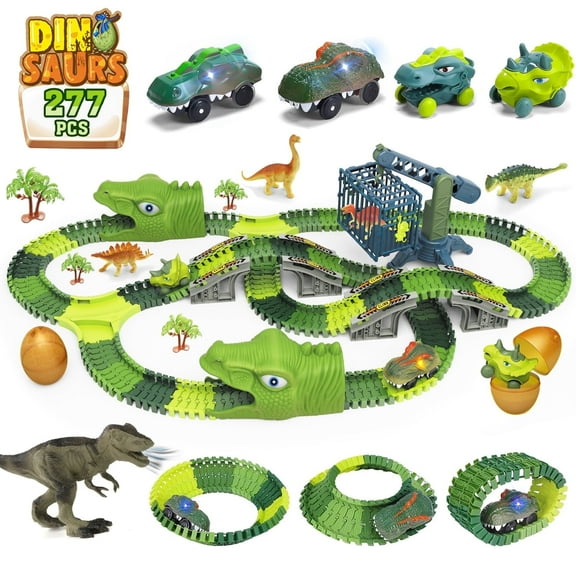 Flooyes Dinosaur World Race Car Track, Flexible Dinosaur Track Toys Set, Christmas Birthday Gift for 3-8 Years Boys Girls