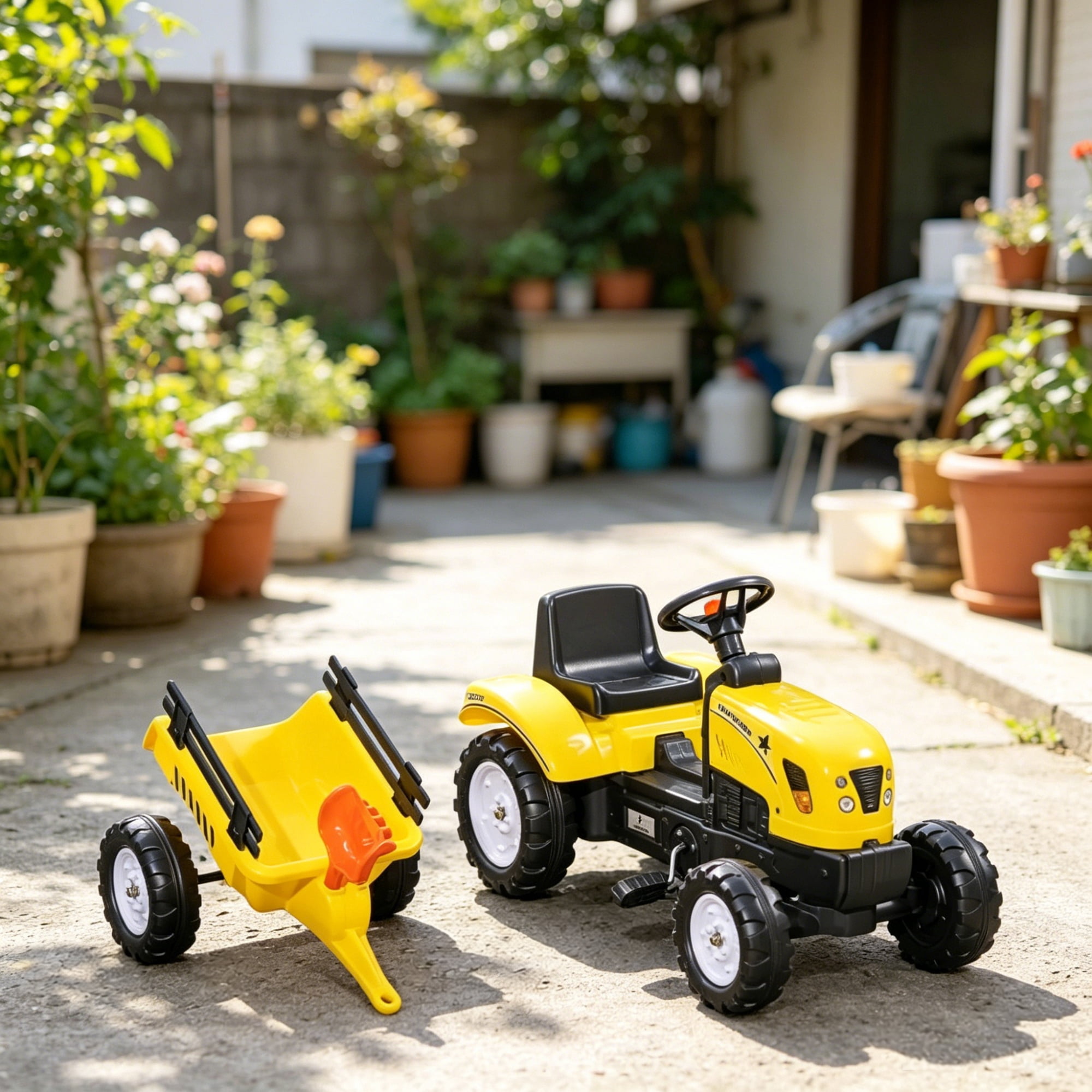 Kids Ride-On Tractor with Trailer Shovel and Rake for Ages 3+