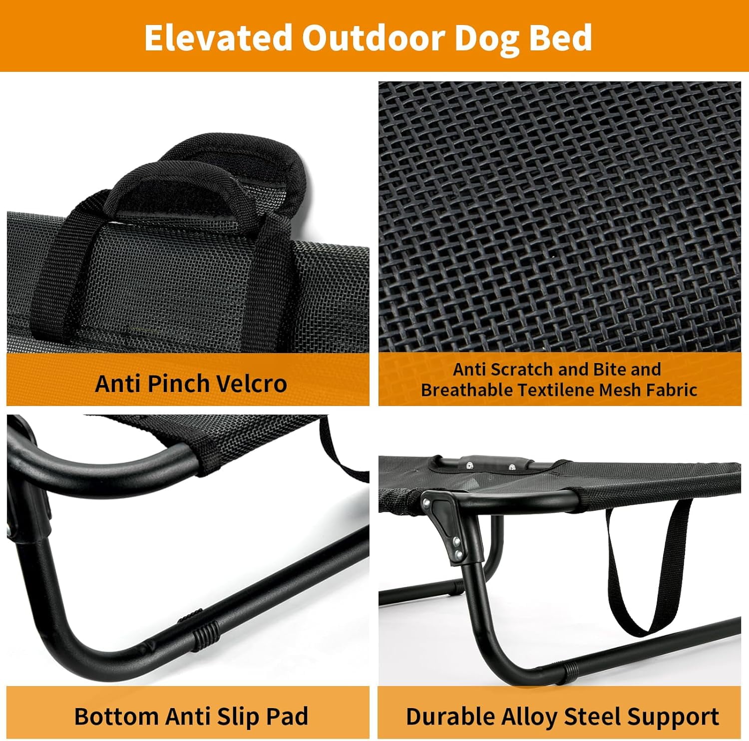 Foldable Elevated Dog Bed for Large Pet, No-Assembly-Need Folding Raised Dog Bed, Waterproof Outdoor Dogs Cot Cooling Pet Hammock Beds with Breathable Mesh, Chew-Proof, Black