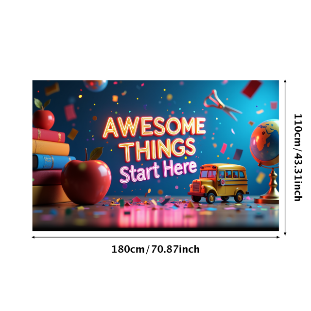 Colorful School Themed Banner with Apple Books Globe School Bus Awesome Things Start Here Text Party Decorations Backdrop for Classroom Celebrations School Events Photo Props Kids Parties
