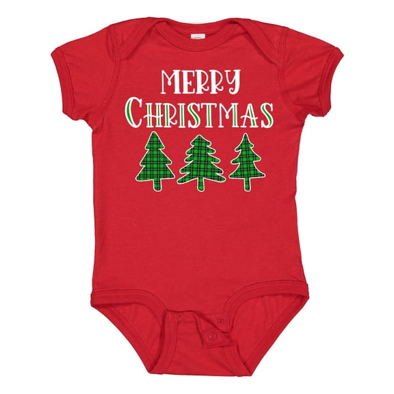 Inktastic Merry Christmas Green Plaid Christmas Trees Boys or Girls Baby Bodysuit