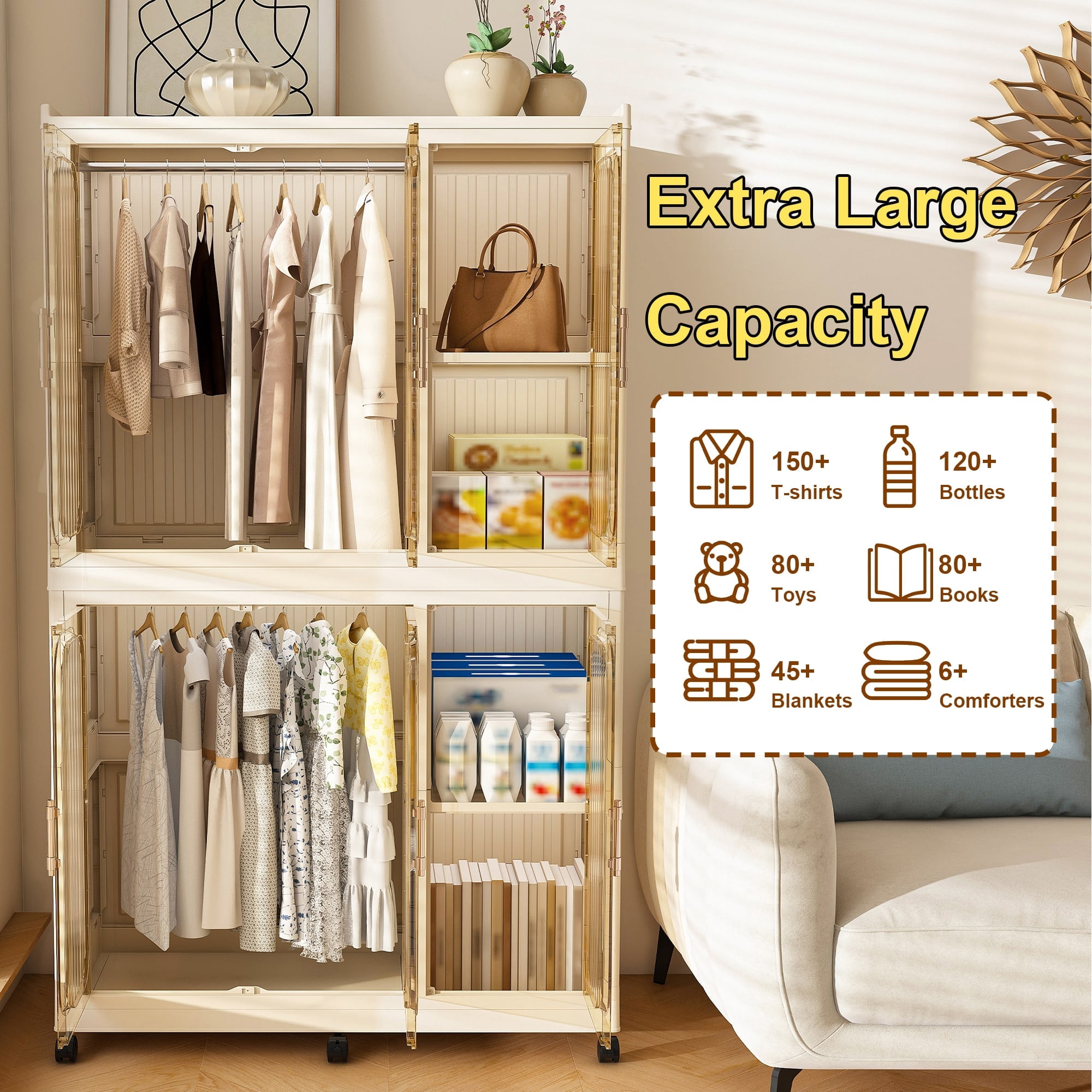 Resenkos Portable Wardrobe Closet Storage Organizer For Clothes,Clothes Dresser,6 Magnetic Doors-6 Cubes & 2 Hanging Rod,6 pcs hangers, Cream White