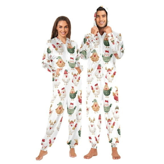 Adult Christmas Onesie Christmas Rooster Zipper One-Piece Pajamas Unisex with Pockets