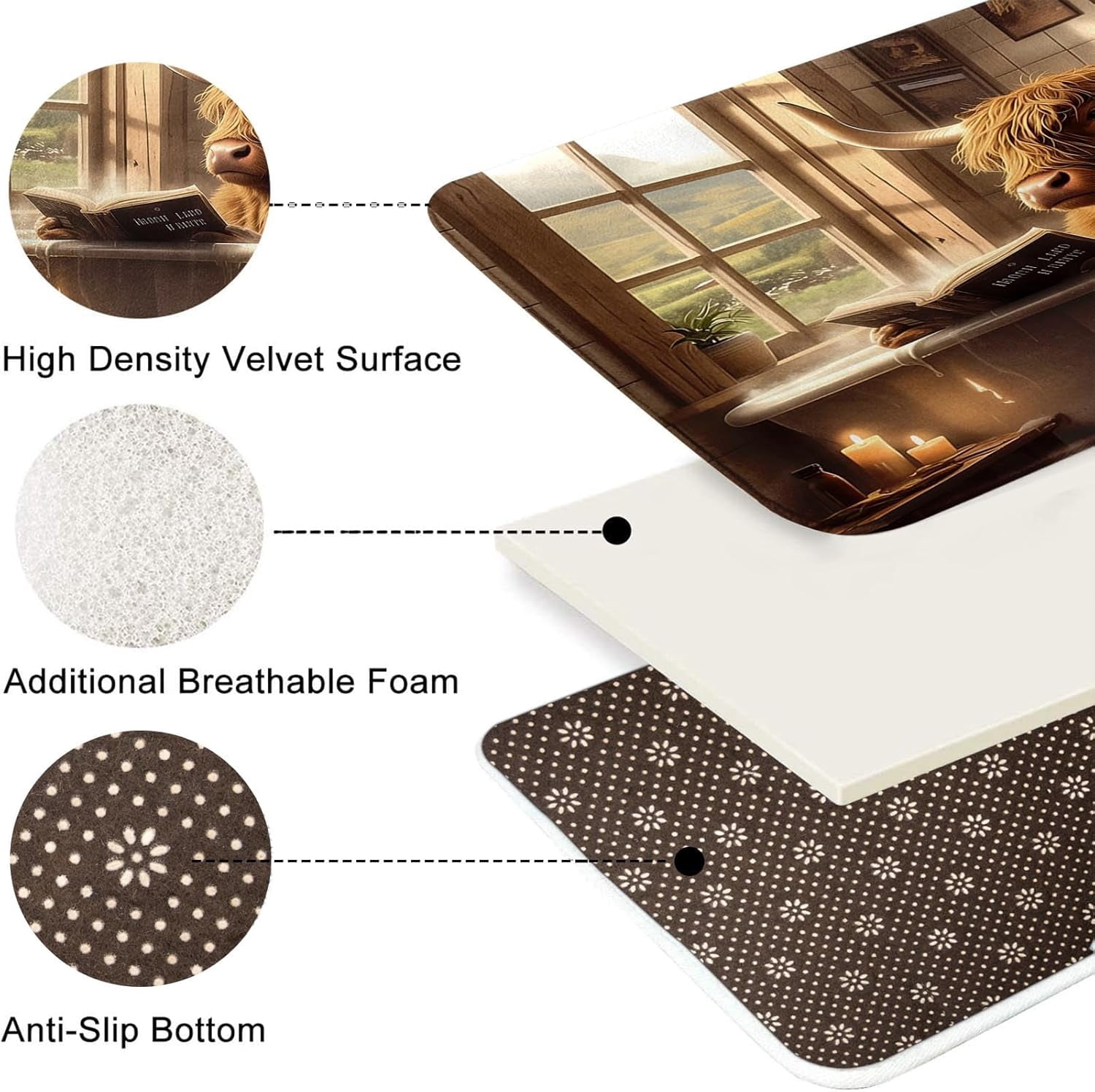 Highland Cow Sunflower Leopard Vintage Shower Curtain Sets with Toilet Lid Cover and Non-Slip Rugs, 4 Pcs Shower Curtain with 12 Hooks, Farmhouse Bathroom Set with Rugs and Accessories
