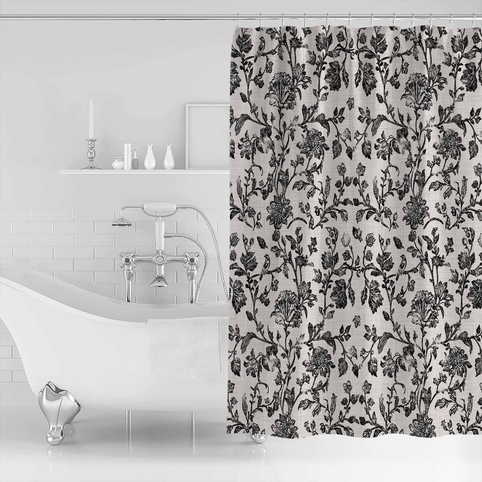 Small Stall Shower Curtain 36x78 Inch Narrow Half Size Farmhouse Black Bath Curtains Bathroom Decor Vintage Flower Leaf Botanical Plant Waterproof Fabric Shower Curtain Set with Hooks 36 Inch