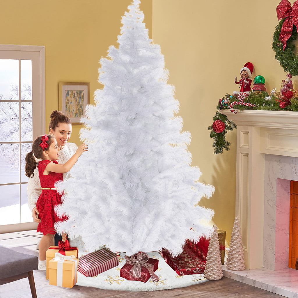 6ft 7ft White Christmas Tree With Blue LED Lights Metal Stand Bushy Pine Decor 
