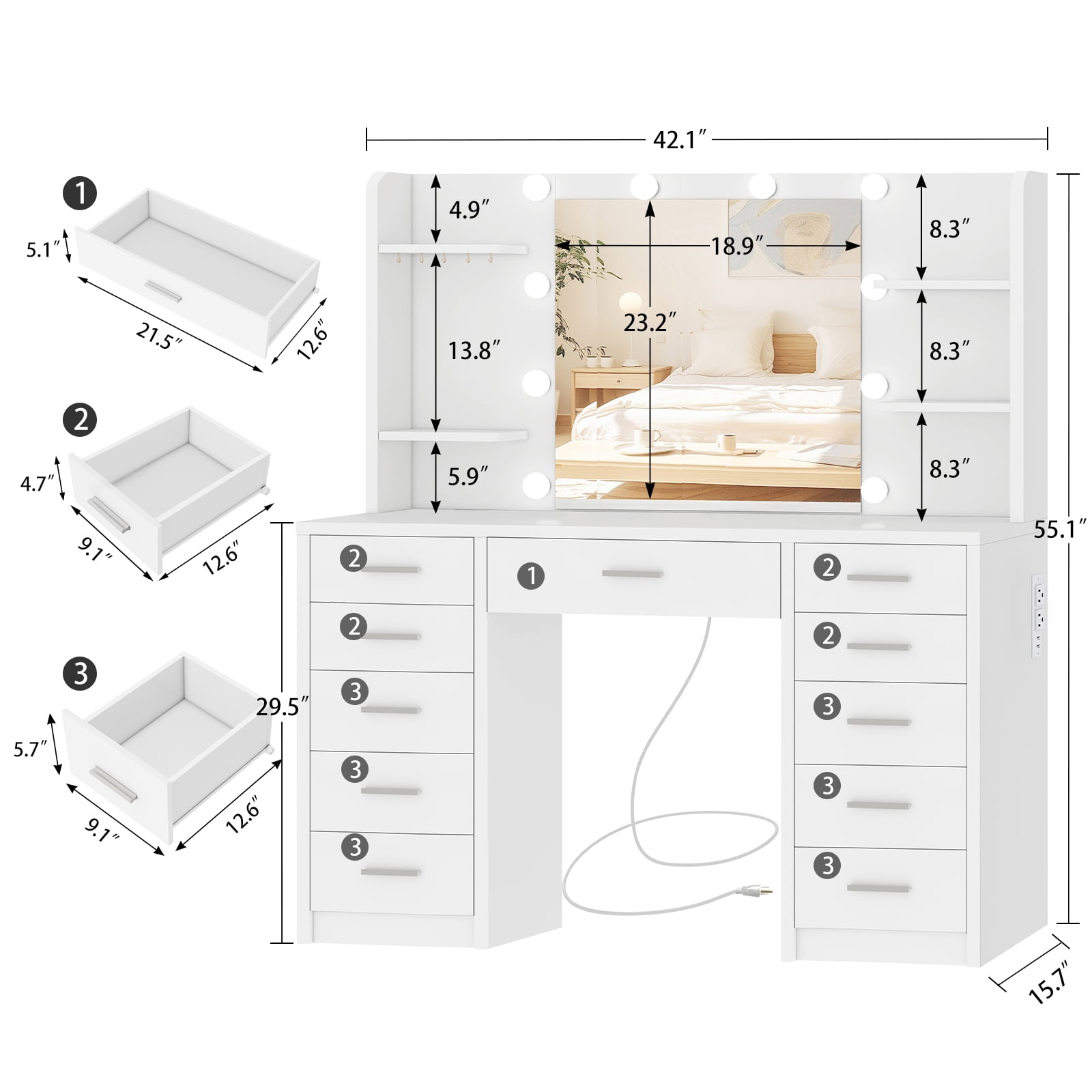 Makeup Vanity Set with Mirror, Vanity Desk with 11 Drawers and Adjustable Lights, Power Outlet, 6 Open Storage Shelves & 5 Hooks, vanity set for Bedroom, White