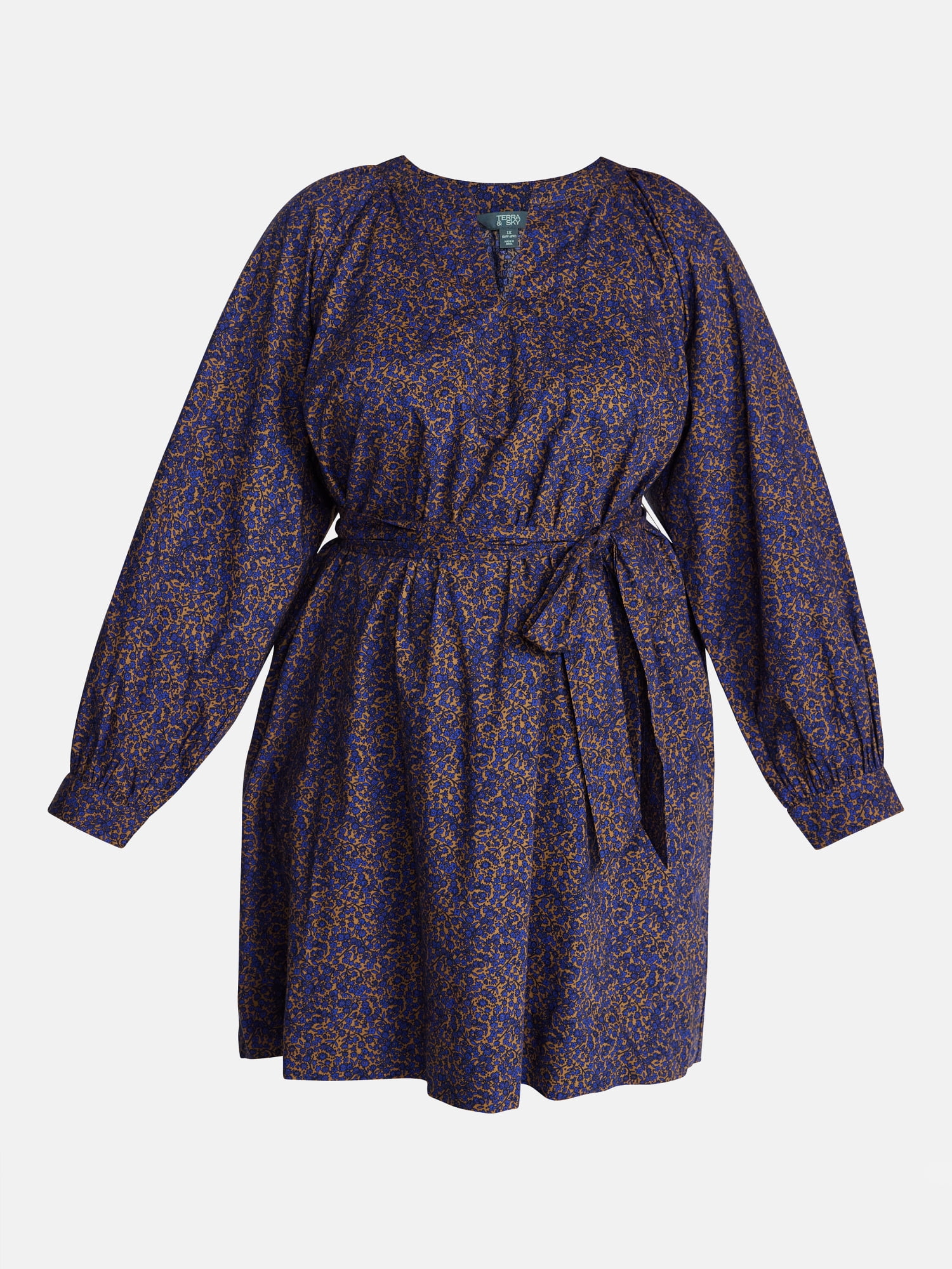 Terra & Sky Women's Plus Cotton Balloon Sleeve Tie Waist Tunic Dress, Sizes 0X-5X