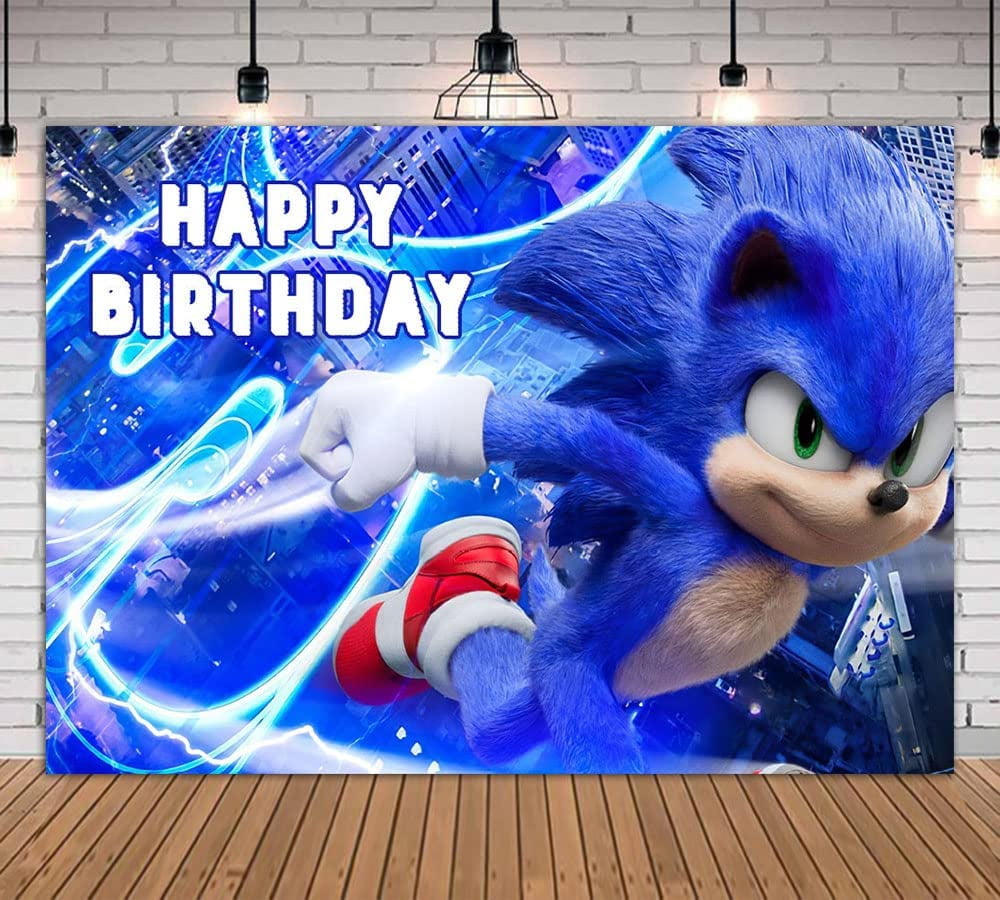 5x3ft Blue Sonic Boom Happy Birthday Photo Backdrops Sonic The Hedgehog Baby Shower 1st Decoration Photography Backdrops Kids Super City Studio Booth 