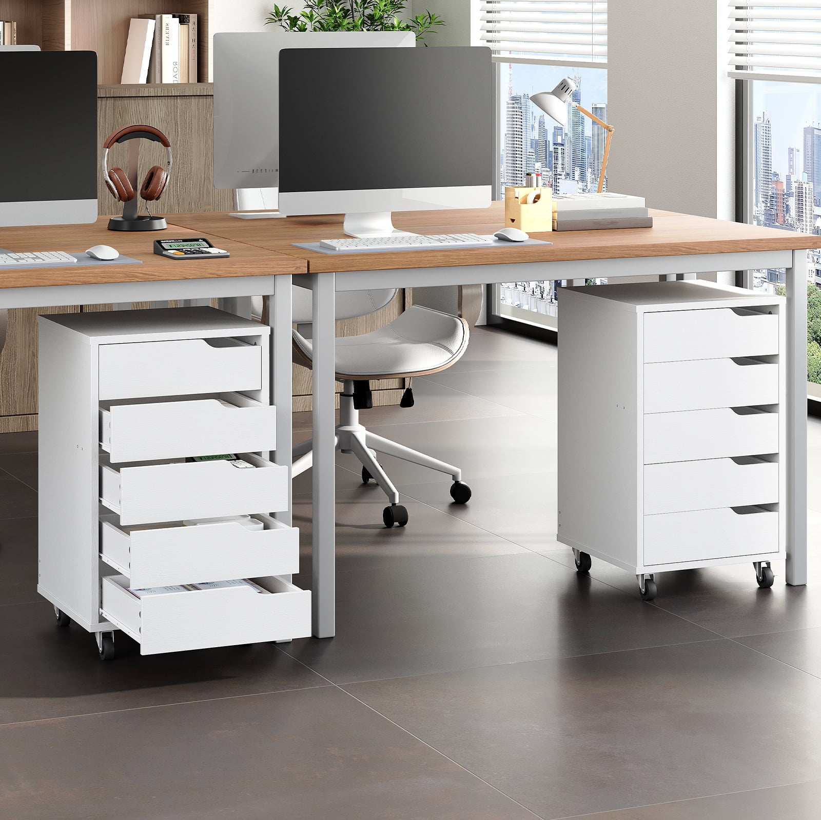 5-Drawer Mobile File Cabinet with 4 Casters (2 Lockable), No-Handle Rolling Storage Cabinet, Compact Filing Organizer for Office, Living Room, Bedroom,White
