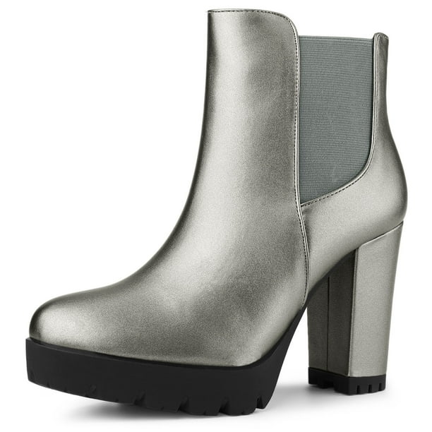 Botines Plataforma Punta Redonda Cremallera Tacón Bloque Silber Grau 23.5cm