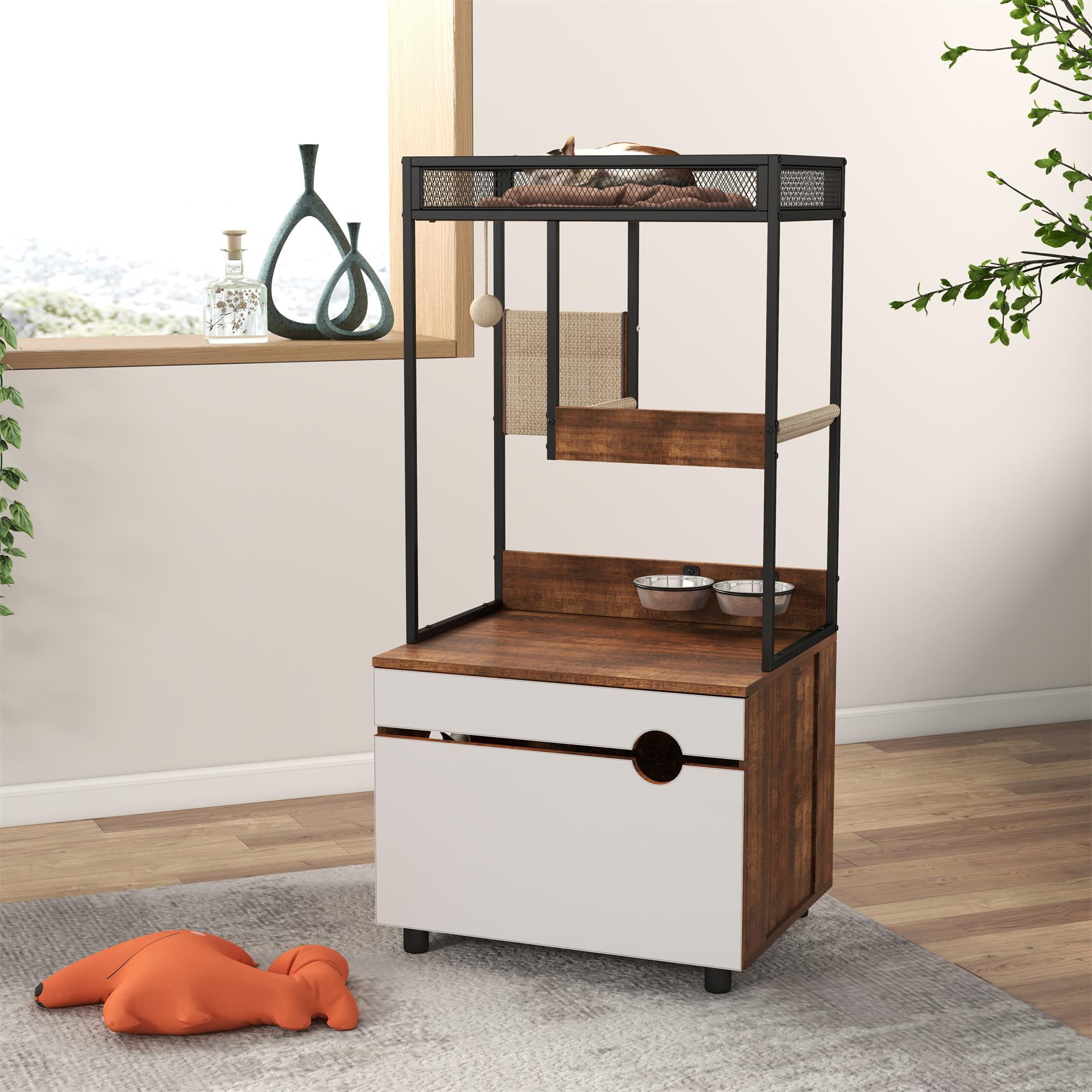 Pefilos 48" Hidden Cat Litter Box Enclosure Furniture with Cat Tree Tower, Iron and Wood Structure Privacy Cat House Washroom, Brown Pefilos 48" Hidden Cat Litter Box Enclosure Furniture with Cat Tree Tower, Iron and Wood Structure Privacy Cat House Washroom, Brown