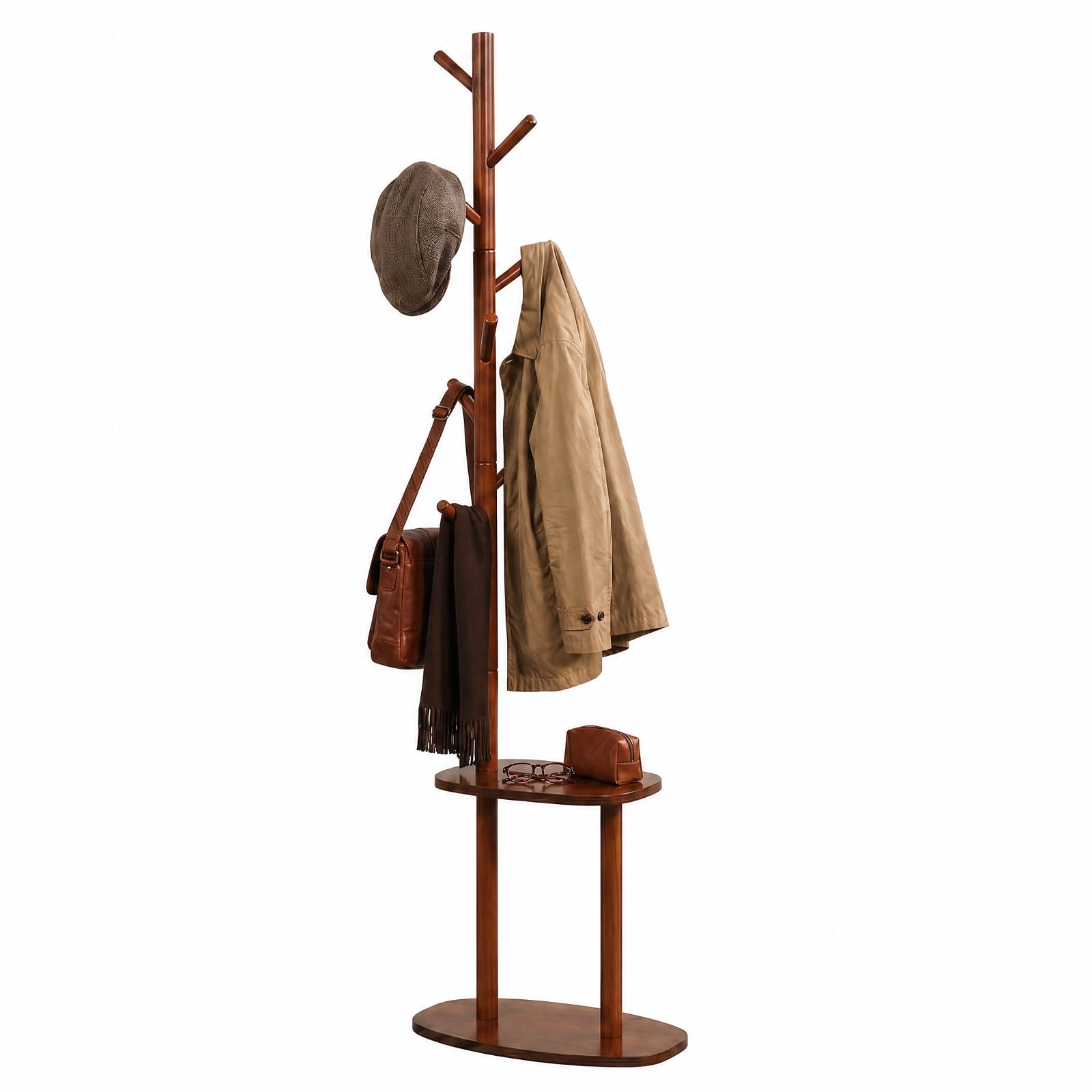 Furnibear 70 Inch Freestanding Coat and Hat Rack Stand with 8 Rubber Wood Hooks and 2 Storage Shelves for Entryway Bedroom Living Room, Walnut