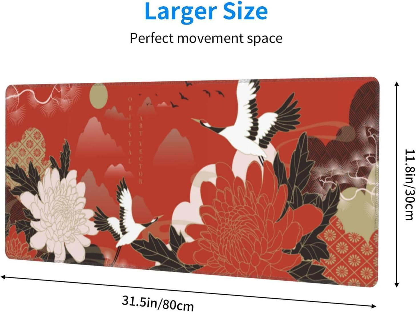 Japanese Crane Birds Mouse Pad, Waterproof Extended Large Gaming Mousepad Desktop, Big Long Non-Slip Mouse Mat for Laptop, Keyboard, Computer for Decor Office, (Red, 31.5 * 11.8 in)