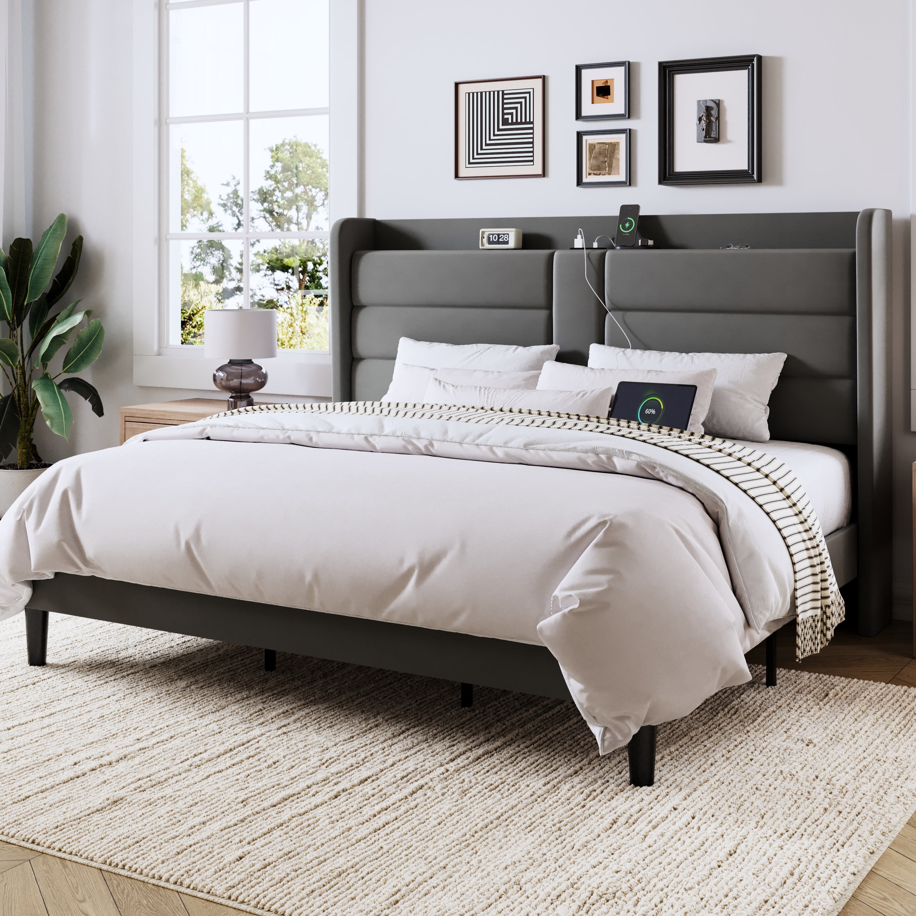 Allewie King Size Bed Frame with Charging Station, Upholstered Velvet Wingback Design & USB Port, No Box Spring Needed, Gray