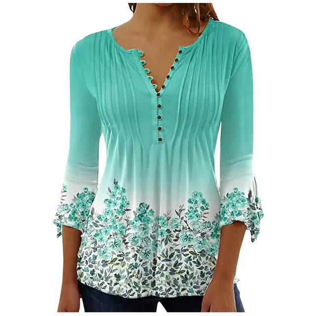 Hauts de Sortie pour Femmes Bouton Col Rond Manches 3/4 Corset à Volants Froncé Chemisier Tunique Imprimé Floral