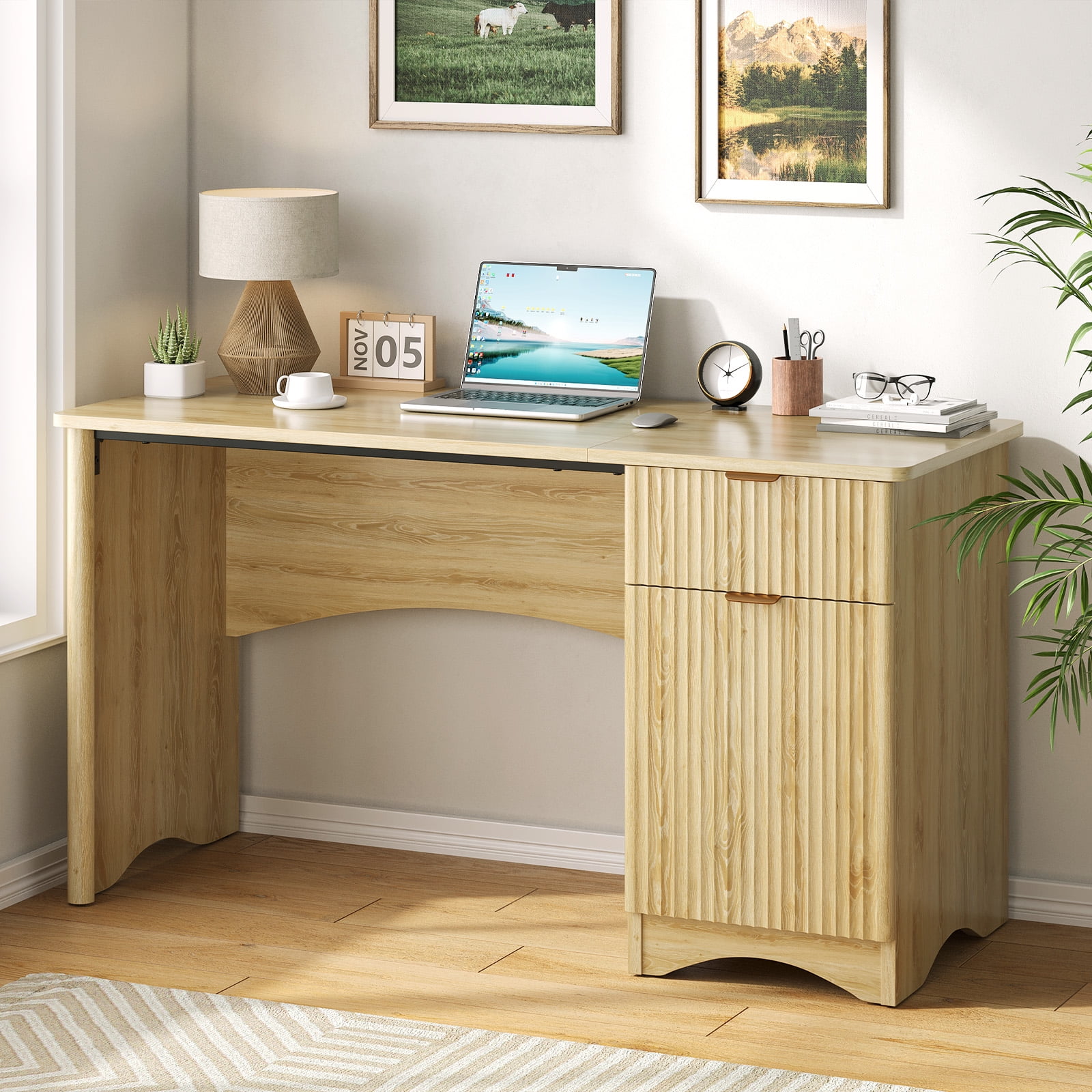 Bestier 47" Computer Desk with Drawer, Modern Home Office Desk with Storage Cabinet, Fluted PC Study Writing Desk for Small Spaces, Oak