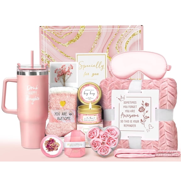 12Pcs Birthday Gifts for Women, Relaxing Spa Basket with Luxury Flannel Blanket and 40 oz Tumbler - Care Package for Her, Mom, Wife, Sister,Girlfriends,Christmas, Valentine's, Mother's Day Gifts Set