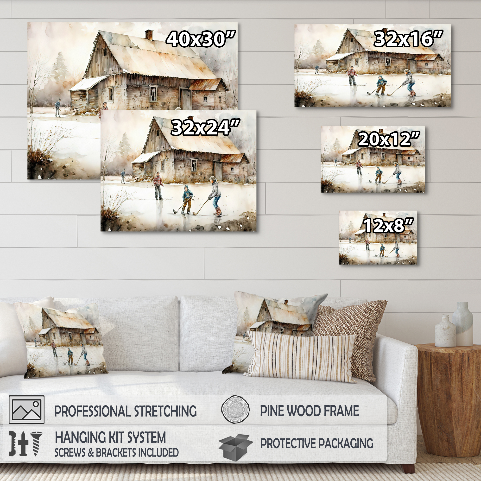 Designart Boys Playing Hockey At Cabin IV Canvas Wall Art