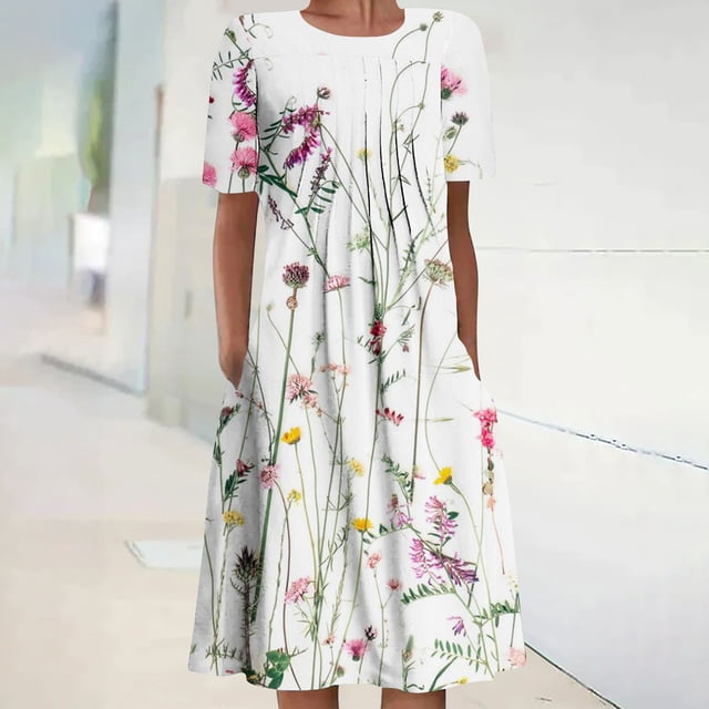 Robe Maxi d'Été Robe d'Été Bohème à Manches Courtes Robe de Plage Robe Longueur Genou Robe à Manches Courtes en Liquidation