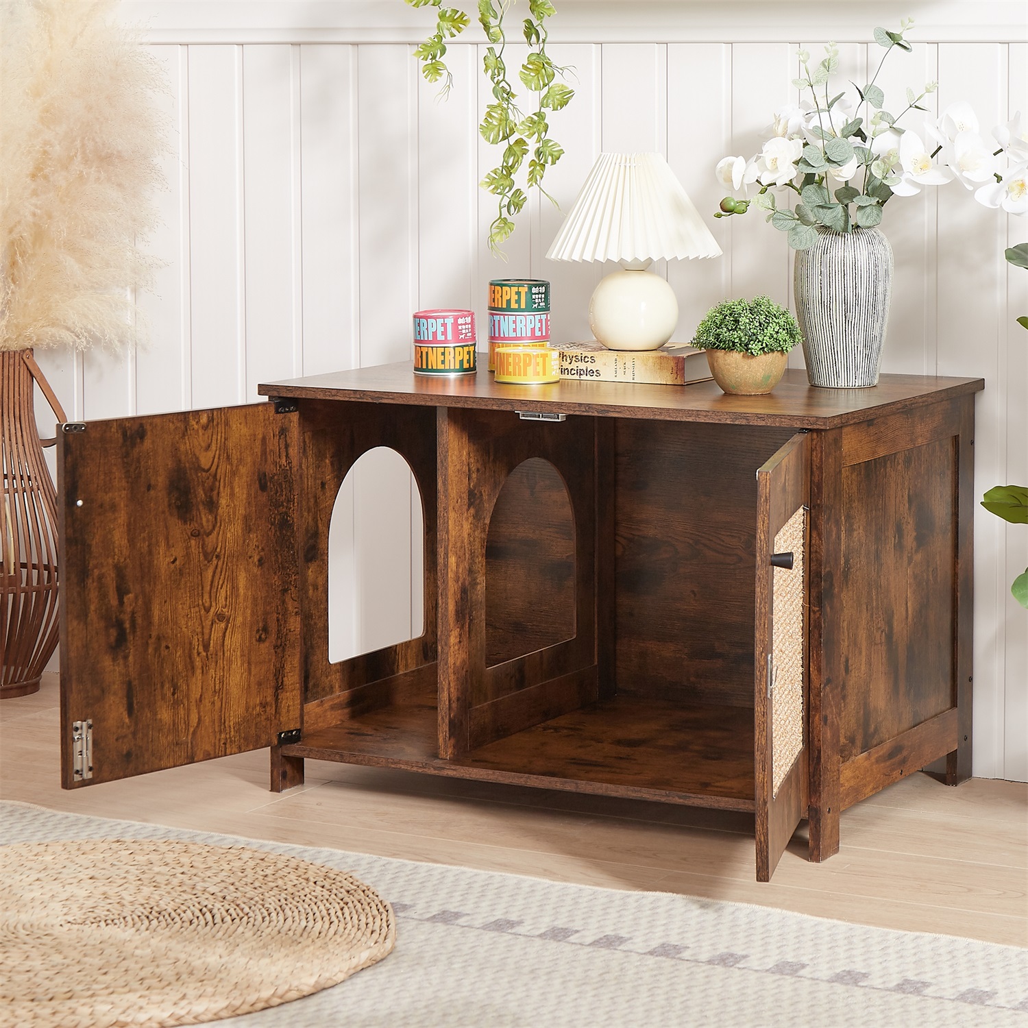 Pefilos 31" Wooden Cat Litter Box Enclosure Tabletop for Nightstand, Litter Box Hidden Cat House, Brown Pefilos 31" Wooden Cat Litter Box Enclosure Tabletop for Nightstand, Litter Box Hidden Cat House, Brown