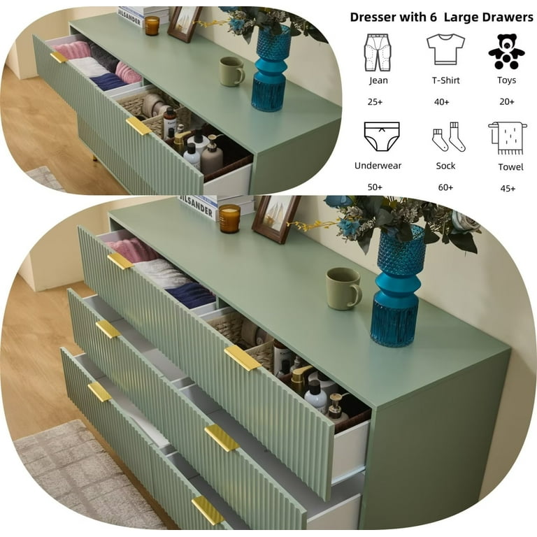 HRYJ 56" Wide Sage Green Dresser Bedroom Furniture Bedside Table Chest of 6  Drawers Cabinet - Walmart.com