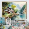 thumbnail image 1 of Designart art Mural Encadré Rivières Montagnes, Impression sur Toile Encadrée Rivière, Vieux Village au Bord de la Rivière et Montagnes, art Mural Traditionnel Vert Doré, 32x16 Pouces Cadre Doré, 1 of 5