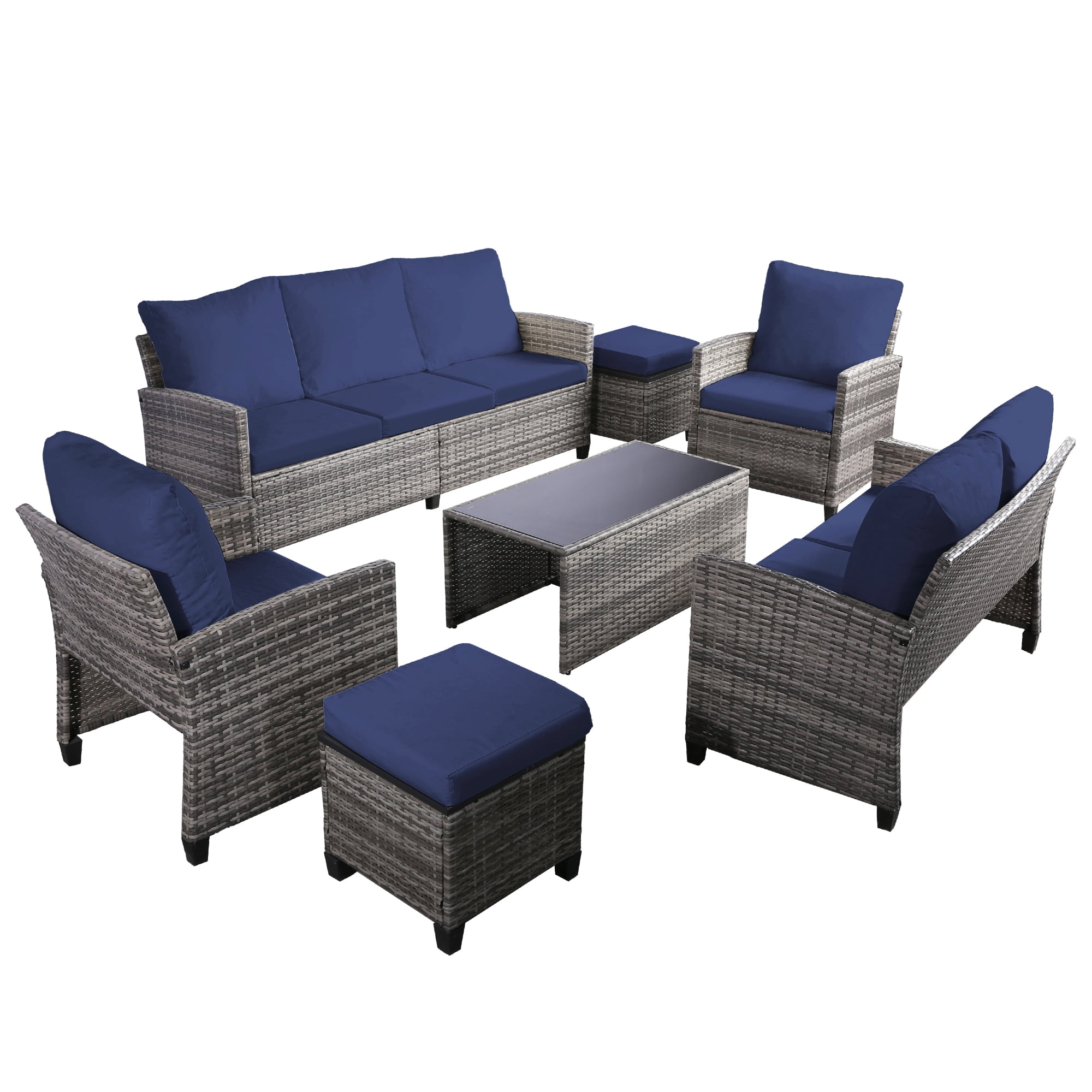 FHFO 7 Piece Outdoor Patio Furniture Sets Wicker Conversation Set PE Rattan Sectional Sofa Couch with Ottomans, and Coffee Table for Backyard, Porch and Garden(gray&Blue)