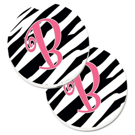 Pink Coaster - Monogram Initial B Zebra Stripe & Pink Set of 2 Cup Holder Car Coaster