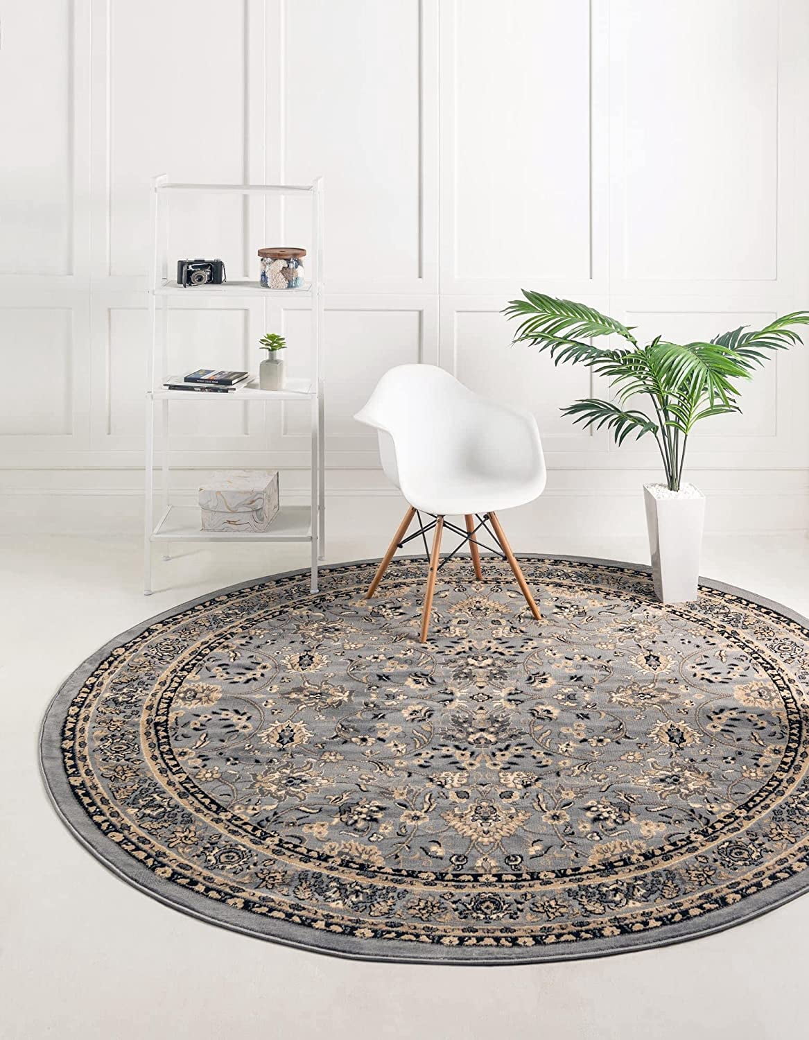 Rugs.com Yasmin Collection Rug – 8 Ft Round Gray Medium Rug Perfect For Kitchens, Dining Rooms