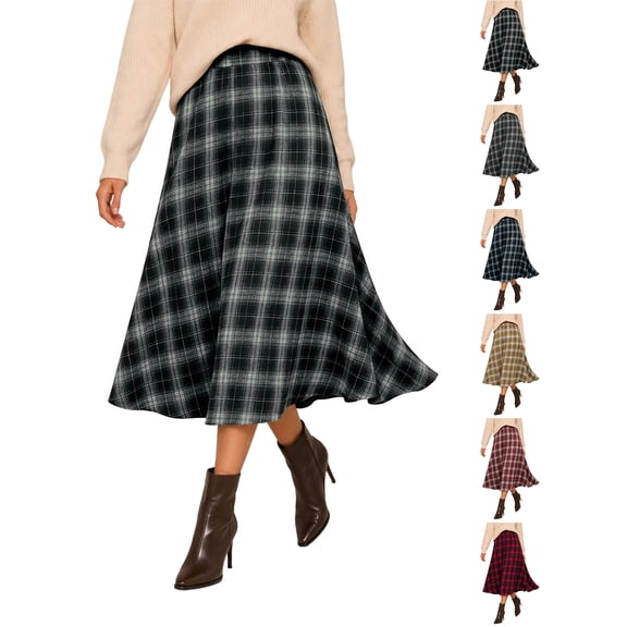 A-Line Skirt Zaewscy Women's Classic Plaid Elastic Waist A‑Line Midi Skirt, Casual Flowy Swing Mid‑Length Skirt Black S