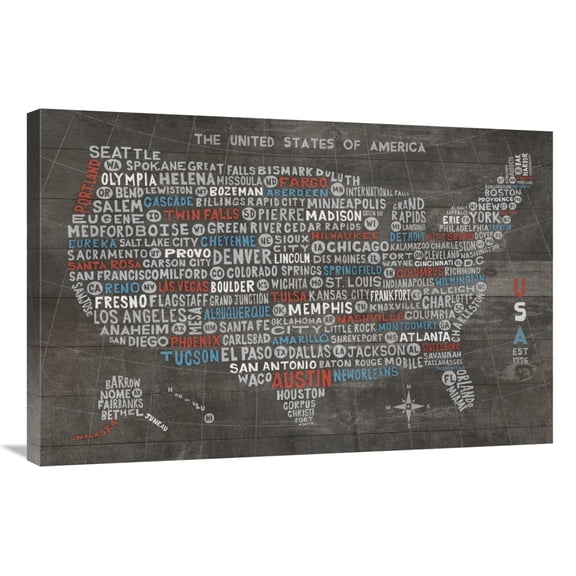 Global Gallery's 'US City Map on Wood Gray' By Michael Mullan Stretched Canvas Wall Art