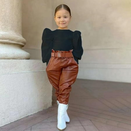 

Odeerbi Toddler Girls Cotton Outfits 2024 Fashion Warm Knit Puff Sleeve Top Straight PU Leather Pants Set Black 2-3 Years