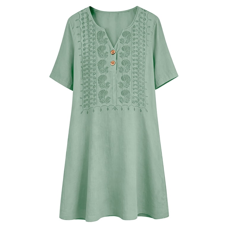 Hduncf Women's Linen Summer Dress Vintage Boho Embroidered Short Sleeve V Neck Loose Flowy Mini Tunic Dresses with Pockets Green S, Size: Small