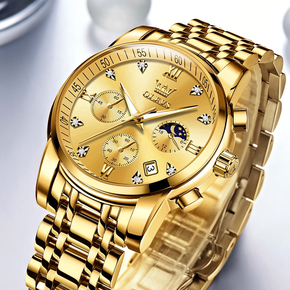 OLEVS Watches for Men, Mens Watches Gifts for Men Chronograph Analog Quartz Luxury Casual Classic Diamond Waterproof Luminous Gold Stainless Steel Reloj para Hombre