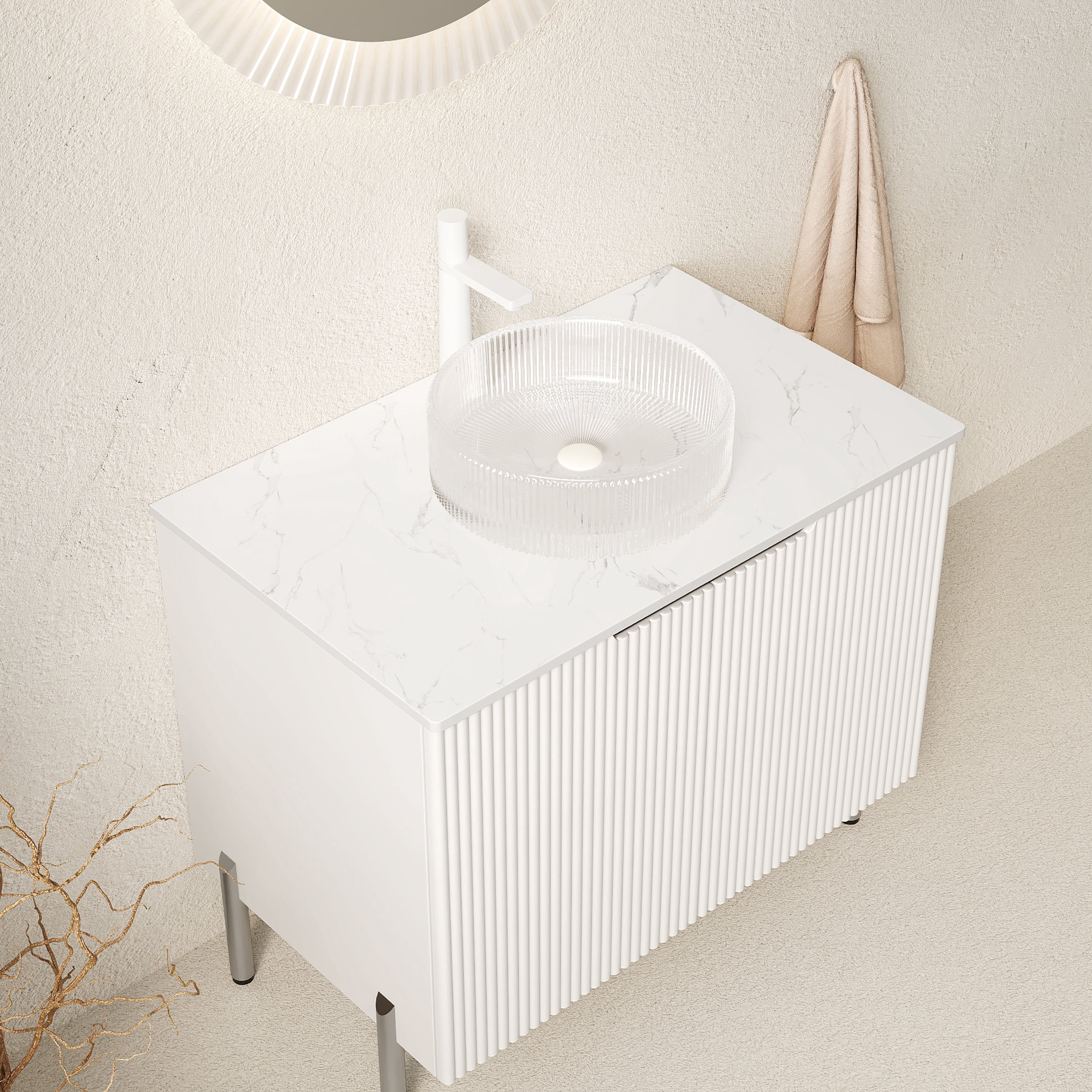 Noble House TURIO 30" Bathroom Vanity with Sintered Stone Countertop, Storage Cabinet, Clear Glass Round Basin, White