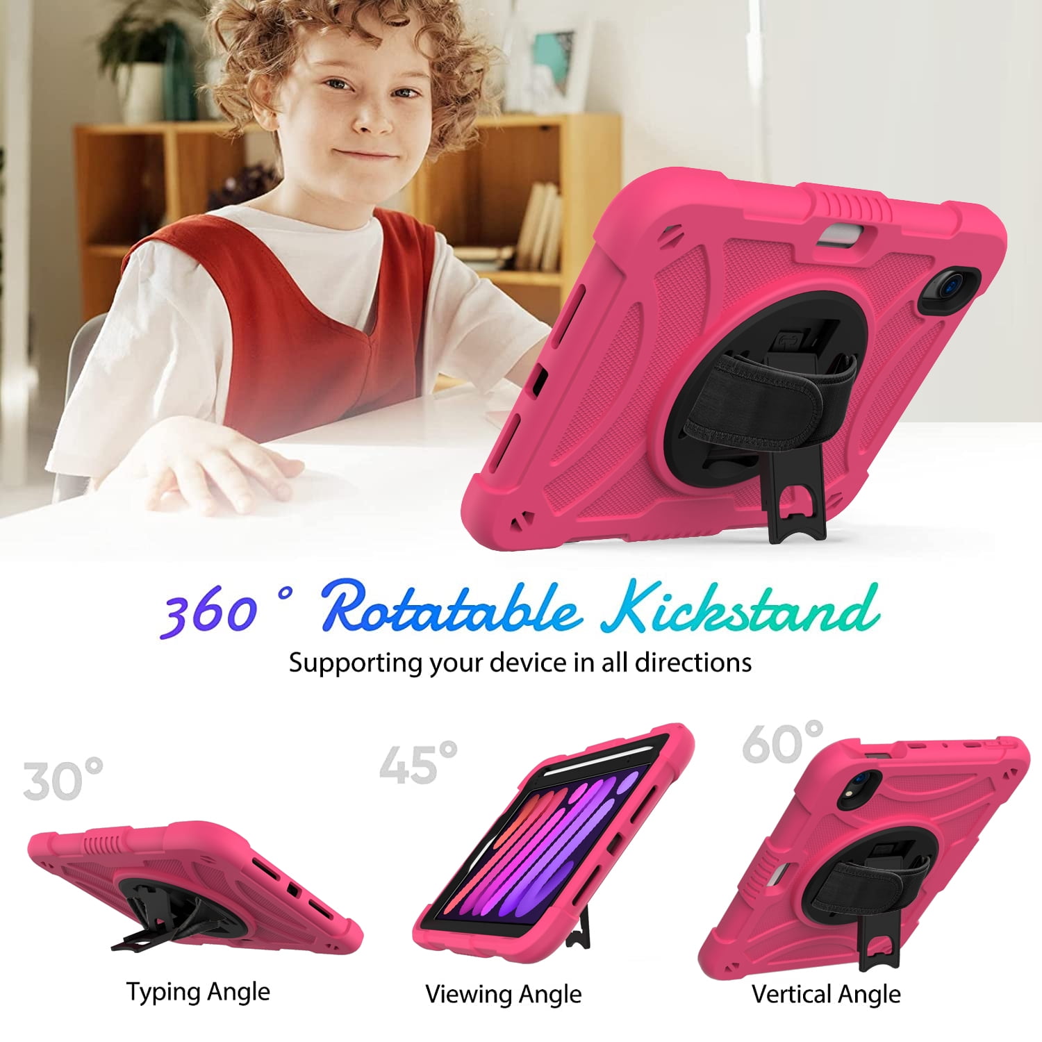 Allytechgroup kids Case for Apple iPad Mini 7 A17 Pro Case iPad Mini 7th/6th Generation Case 2024/2021, Military Grade Drop Protection with Hand/Shoulder Strap Rotating Stand Pencil Holder, Rose